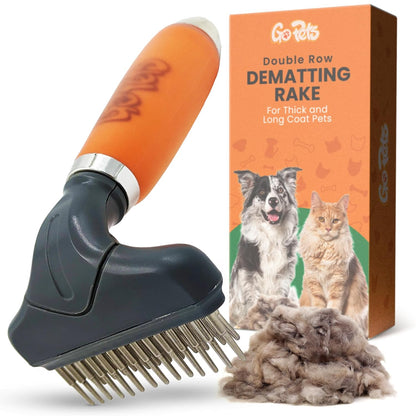 GoPets Double Row Dematting Rake Undercoat Deshedding Tool for Dogs and Cats, Dog Brush for Shedding and Grooming, Long Hair Pet Grooming Brush for Mat Removal, Detangling, and Shedding Control