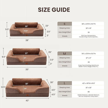 Orthopedic Dog Beds for Medium Size Dogs, Waterproof Egg-Crate Foam Pet Couch Bed with Soft Sides, Non-Slip Dog Sofa with Fleece Removable Washable Cover, 28" L Supportive Pet Sofa, Brown