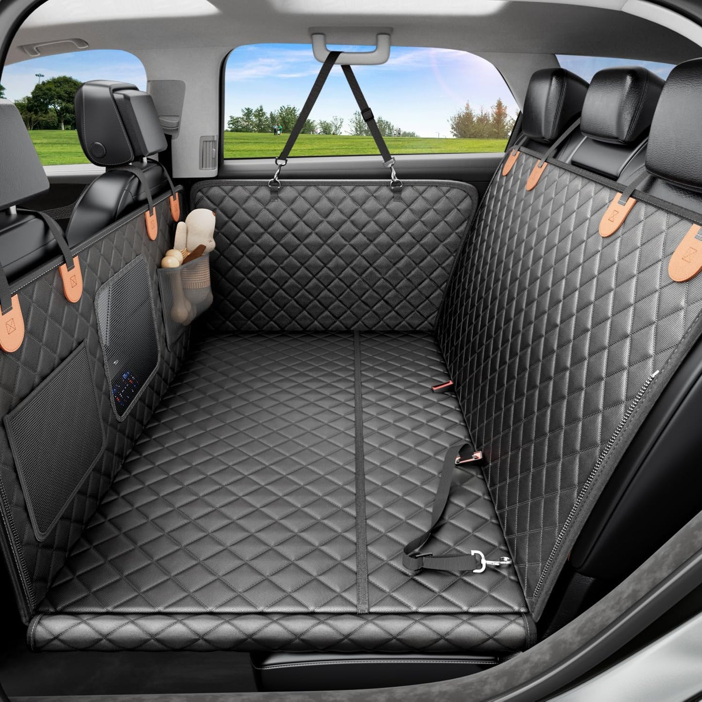 REEVAA Dog Car Seat Cover for Back Seat, Hard Bottom Dog Hammock, Pet Bed Extender for 2-4 Large/Medium Dogs, Ruff Waterproof Seat Protector, Rover Universal L Size for SUV Medium Truck, Black+Orange