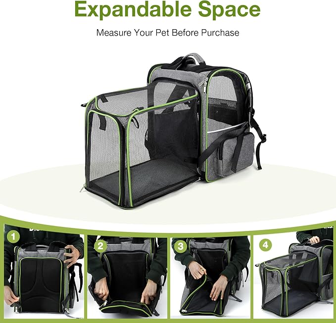 Lekebobor Large Cat Backpack Carrier Expandable Pet Carrier Backpack for Small Dogs Medium Cats Fit Up to 18 Lbs,Dogs Foldable Puppy Backpack Carrier for Travel, Hiking,Grey with Green Edge,L