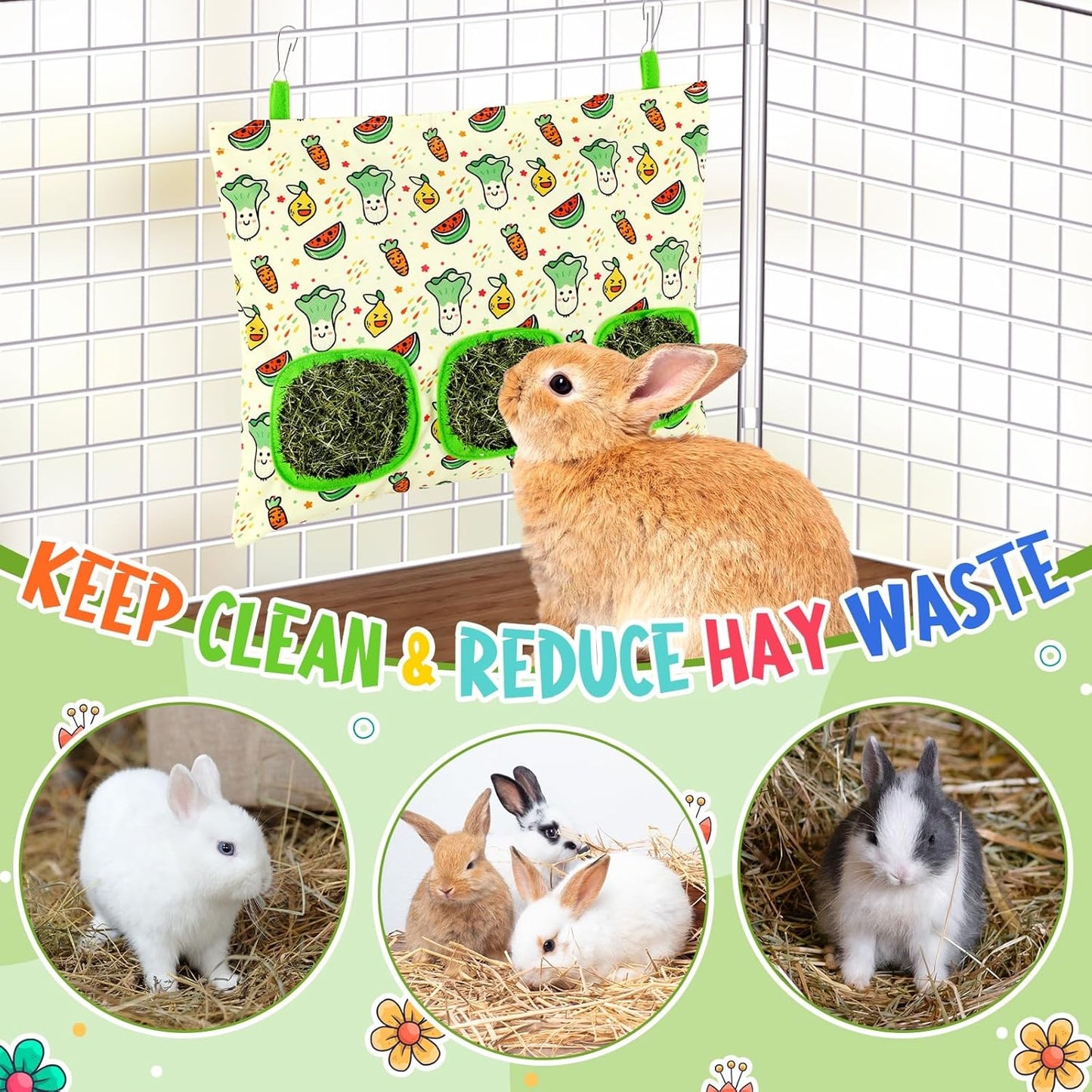 UPINS 2 Hay Bag for Rabbits 3-Hole Hanging Hay Feeder Guinea Pig Hay Bags, Hay Feeder for Rabbits Chinchillas Hamsters Small Pets and Animals