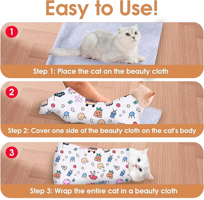 Cat Grooming Wrap for Cutting Nails, 27.5 * 27.5in Self-Adherent Cat Scratching Blanket for Nail Clipping Ear Cleaning Teeth Brushing Cats Anti-Scratch/Escape Swaddle Restraint Bag (White)