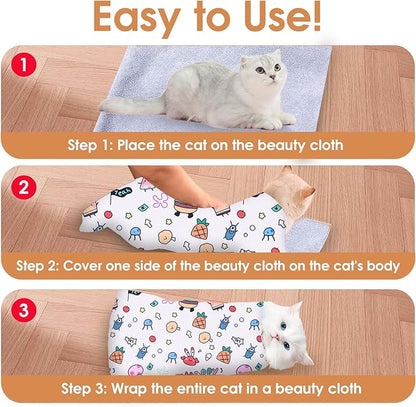 Cat Grooming Wrap for Cutting Nails, 27.5 * 27.5in Self-Adherent Cat Scratching Blanket for Nail Clipping Ear Cleaning Teeth Brushing Cats Anti-Scratch/Escape Swaddle Restraint Bag (White)