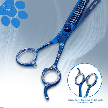Professional Dog Grooming Chunker Shears/Scissors with Paw Prints for Dogs, Cats & Pets (Right Handed, Blue, Stainless Steel 8 Inch)