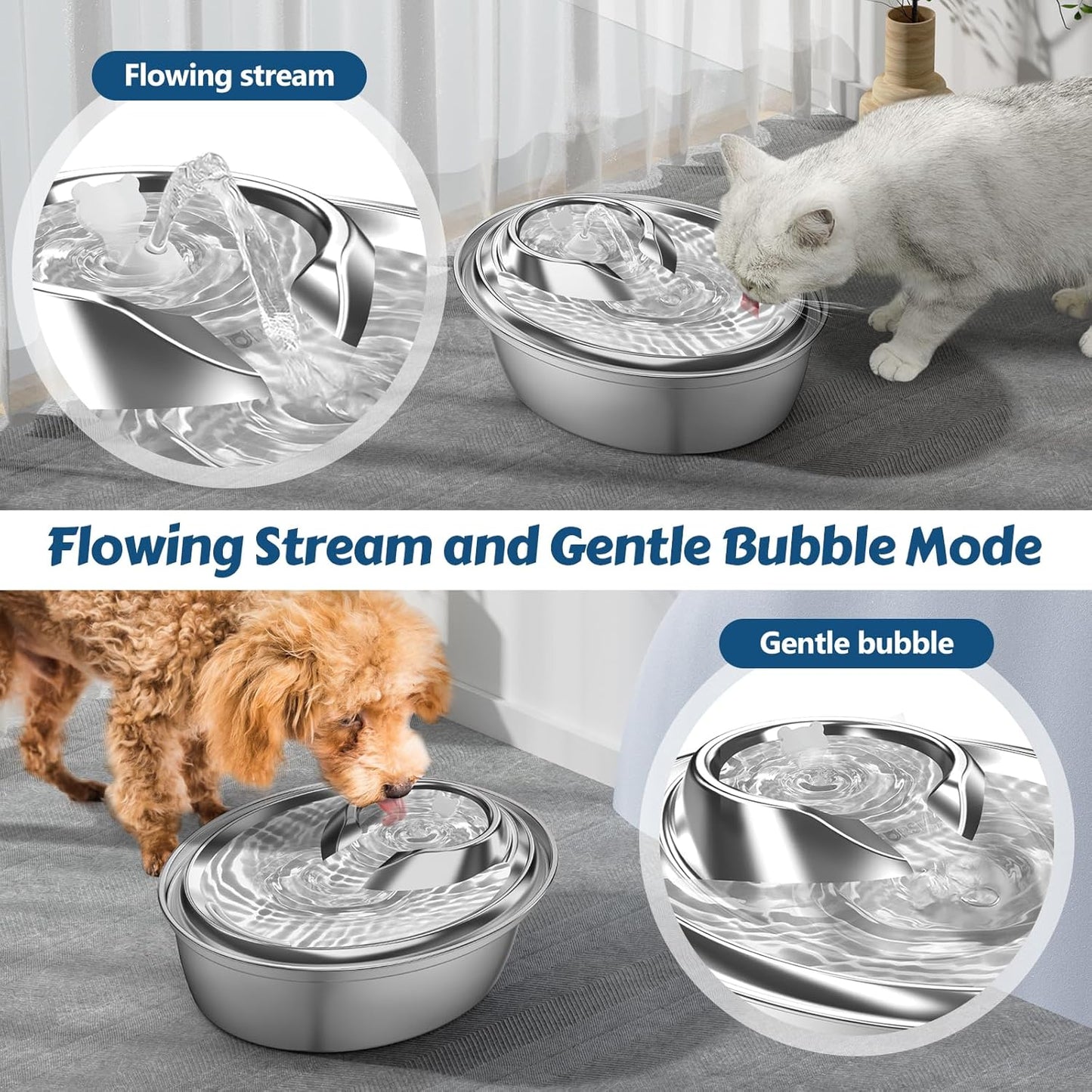 ORSDA Cat Water Fountain, 2L Stainless Steel Pet Water Fountain, Automatic Drinking Fountain Dog Water Dispenser with 12 Replacement Filters for Cats, Small Dogs