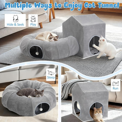 Pawaboo Cat Tunnel Bed, Cat Donut Tube with Square Kitten House, Soft Plush Cats Cave Tunnels with Washable Cushions, Foldable Kitten Bed Hideout with Fluffy Balls for Indoor Cats Rabbit Ferret, Gray