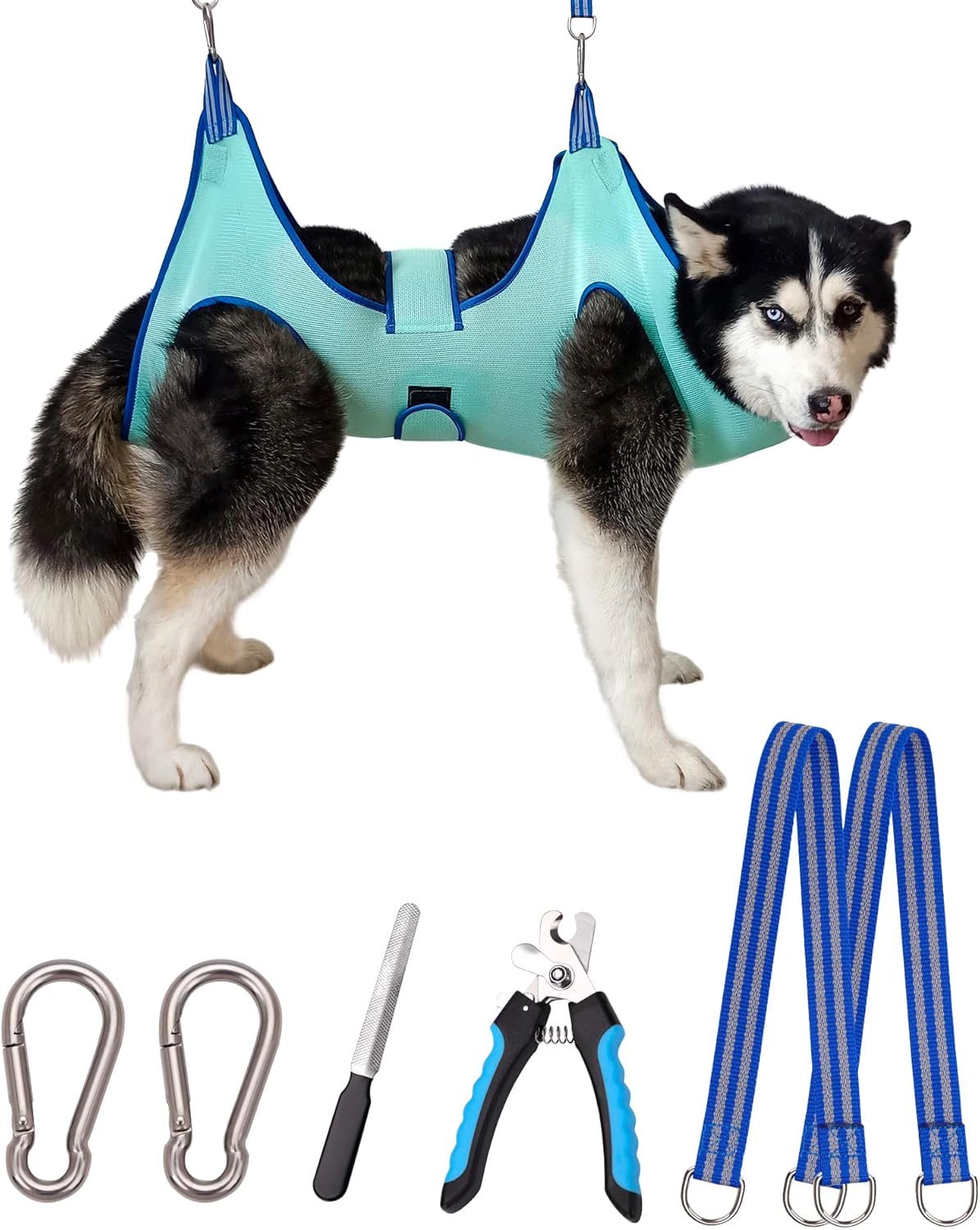 Dog Grooming Hammock Harness, Hanging Harness Holder for Nail Clipping, Nail Trimming Hammock with Wide Strap, Grooming Sling Hanger Restraint Bag for Claw Care (XX-Large 65 LB Max/Turquoise)