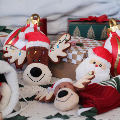 Giftable World Holiday Plush Pet Toy Fun for Christmas Designs with Squeaker Dog Chew Toy (7" Reindeer & Santa Cookie)
