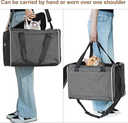 HiCaptain Cat Travel Carrier Bag with Litter Box, Portable Soft Cat Carrier Bag Lightweight Leak-Proof Collapsible Litter Box for Cats, Fits for Kitten up to 15 lb to Travel, Camping, Hiking, or Hotel