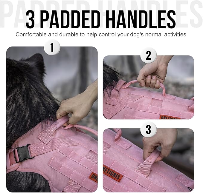 OneTigris Large Tactical Dog Harness, No Pulling Adjustable Dog Vest Harness, Heavy Duty Dog Harness with Handle, Large Hook and Loop Panels for Patch(Pink,L)