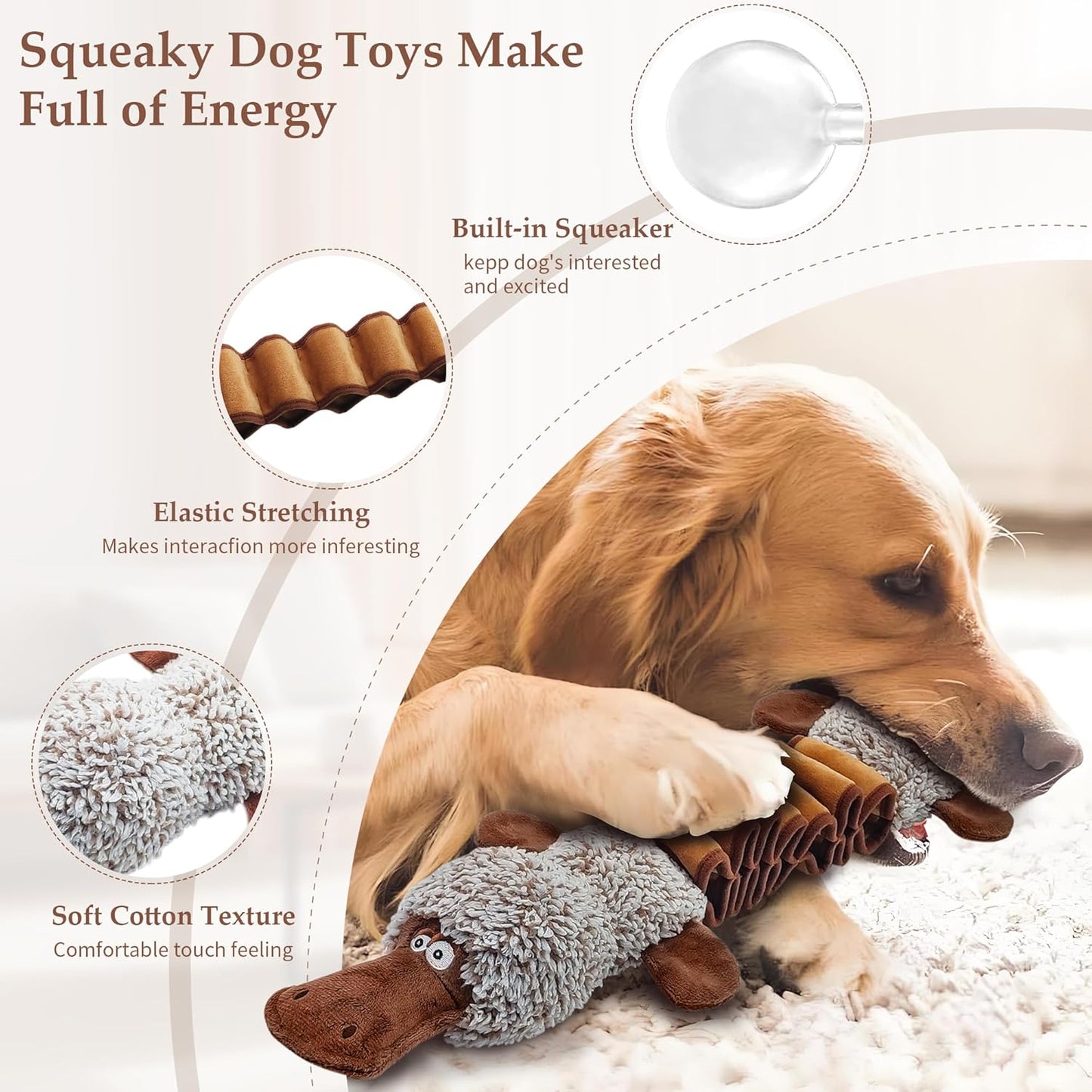 Squeaky Dog Toys, Interactive Tug of War Puppy Toys, Funny Plush Dog Chew Toys, Stuffed Dog Toys for Small,Medium and Large Dogs - Platypus