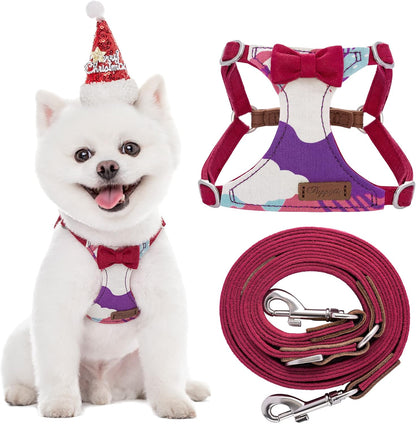 Puppytie No Pull xs Dog Harness with Multifunction Dog Leash,Soft Adjustable No Choke Escape Proof Pet Harness Vest,Suede Bow red,XS