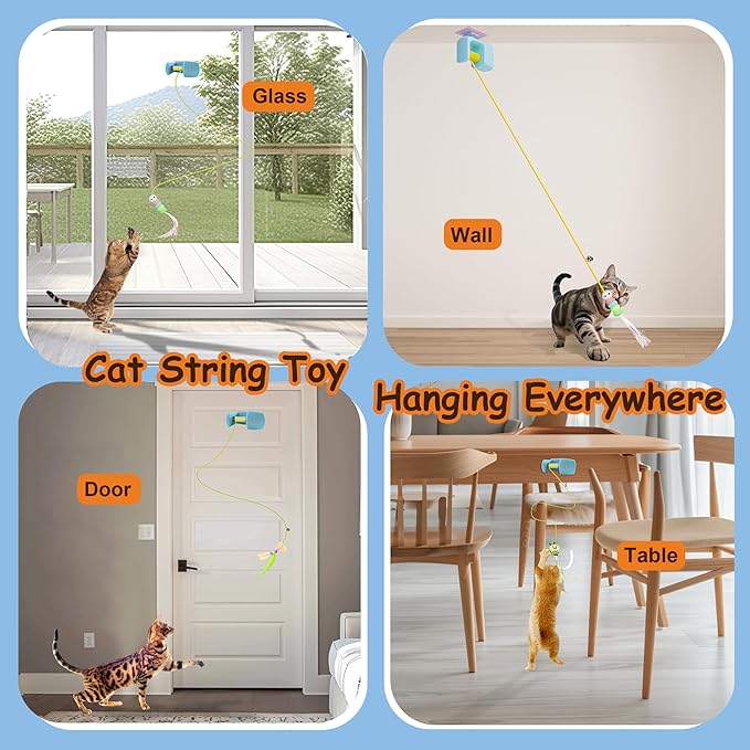 Interactive Hanging Cat Retractable String Toys for Indoor Kittens and Bored Adult Cats with 3 Flying Feathers, Automatic Electric Teaser for Enrichment and Chase, Rechargeable, Blue