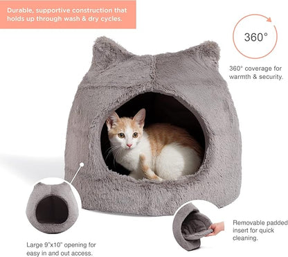 Best Friends by Sheri Meow Hut Fur Dome Pet Bed – Covered Cat Cave for Cats & Small Dogs up to 15 lbs, Faux Fur Hideaway with Water-Resistant Bottom, Machine Washable, Gray