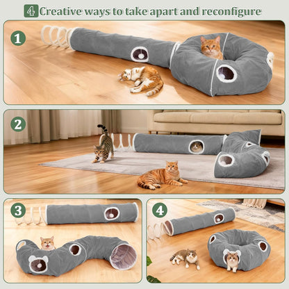 Ownpets 2-in-1 Cat Tunnel Bed, Lollipop Shape Large Cat Tunnel Toy, Plush Foldable Cat Cave Hideout Donut Tunnel for Kitten Rabbit Ferret, Grey