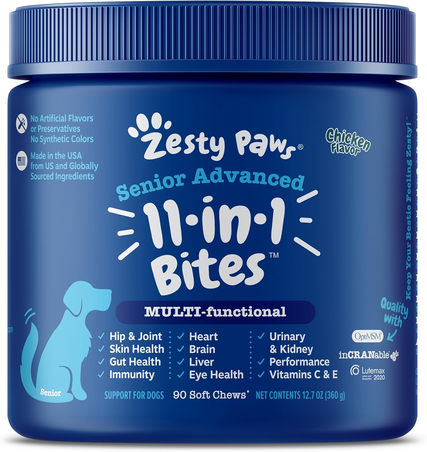 Zesty Paws Senior Dog Multivitamin Treats - Glucosamine for Dogs + Digestive Enzymes & Probiotics - Grain Free Dog Vitamins and Supplements for Skin & Coat + Immune Health Chicken - Advanced - 90ct