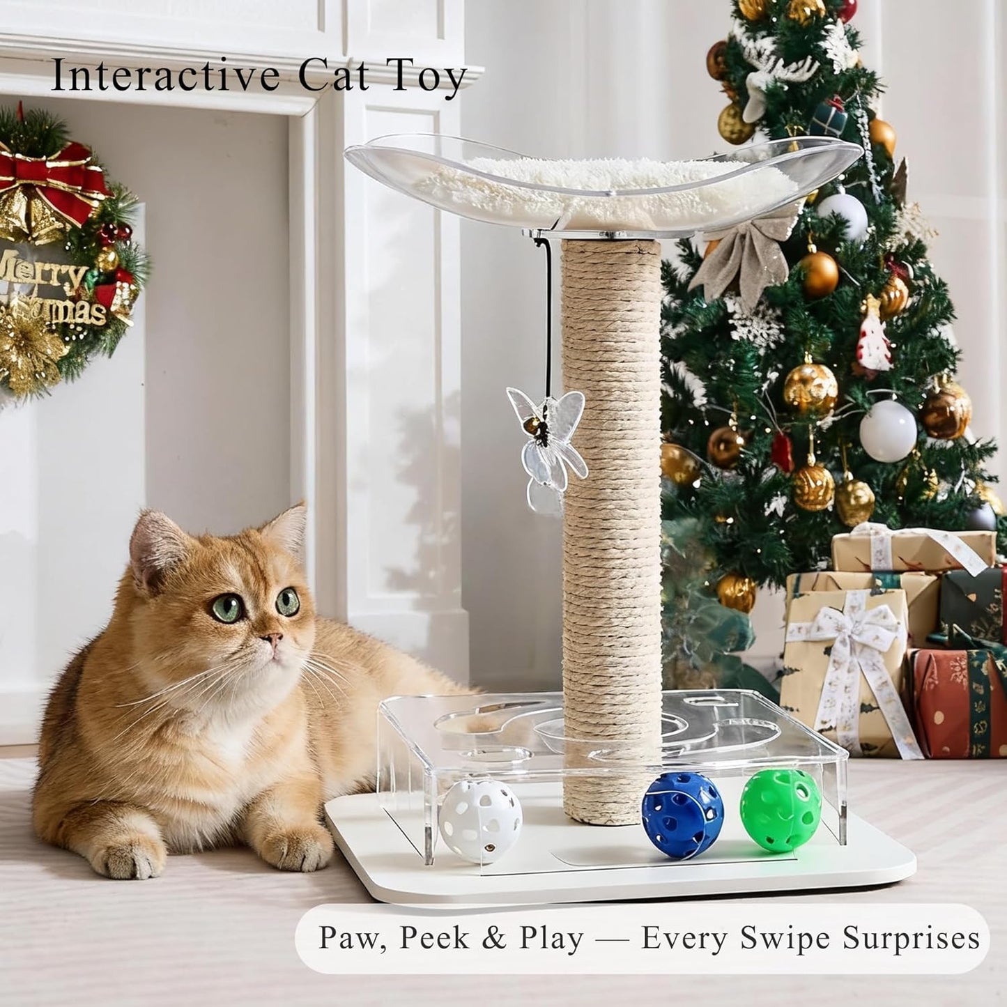 Modern 3-in-1 Interactive Cat Toy with Puzzle Box, Cat Bed/Perch & Scratching Posts, Colorful Jingle Balls, Dangling Accent, Puzzle Toys for Indoor Cats, Acrylic, White