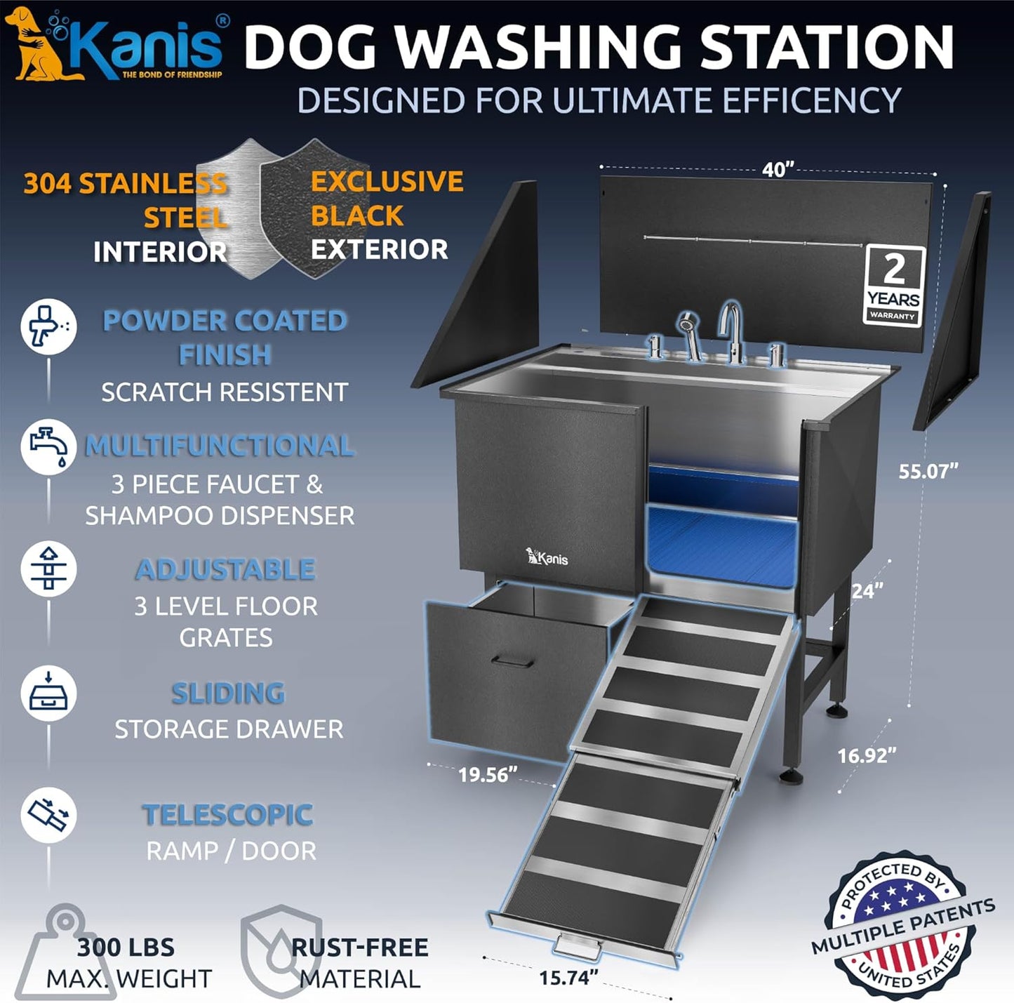 KANIS Black Line Professional Dog Washing Station - 304 Stainless Steel Pet Wash Sink & Grooming Bathtub w/Shower, Floor Grates and Storage for Large, Medium & Small Pets (40", 1 Drawer - Right Ramp)