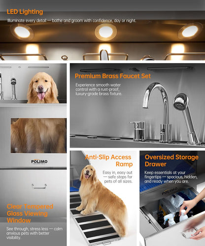 POLIMO Dog Washing Station, LED Professional Stainless Steel Dog Bathing Station 61", Dog Grooming Tub for Large, Medium & Small Dog - with Window, Ramp, Drawer, Floor Grate & Faucet (Right Ramp, 61")