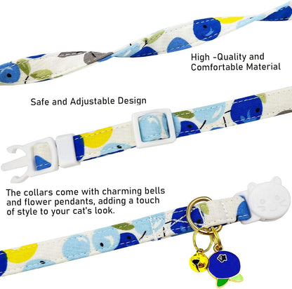 2 Pack Cotton Breakaway Cat Collars Set with Bell and Flower Pendant, Cute Floral Fruit Patterned, Adjustable 7.5-11Inch, Include A Mouse Toy Gift (Watermelon Blueberry)