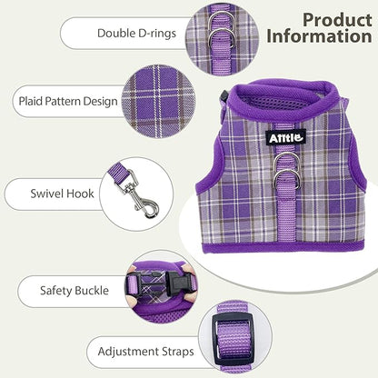 AIITLE Breathable Rabbit Harness and Leash Set - Plaid Pattern Padded Vest with Magic Tape Design, Dual D-Rings, Adjustable for Small Animal Pets, Indoor Outdoor Training Camping, Purple M