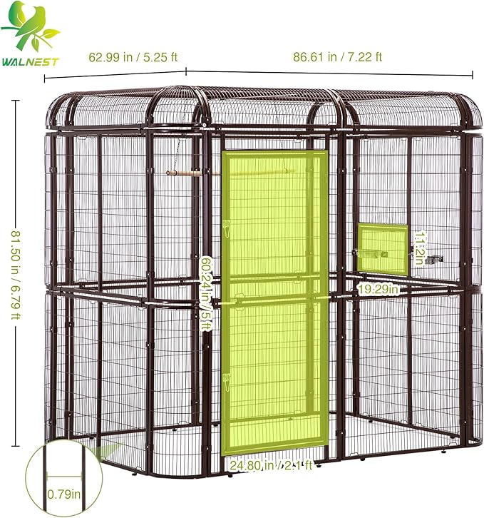 Large Walk-in Cage 87-inch Heavy Duty Bird Cage Outdoor Aviary Parrot Cage Wide Flight Metal Birdcage with Stand for Macaw Budgie Conure Lovebird Parakeet Cockatiel, 7.22x5.25x6.8ft, Brown