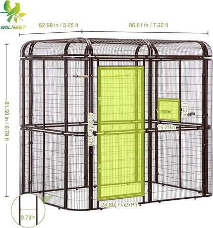 Large Walk-in Cage 87-inch Heavy Duty Bird Cage Outdoor Aviary Parrot Cage Wide Flight Metal Birdcage with Stand for Macaw Budgie Conure Lovebird Parakeet Cockatiel, 7.22x5.25x6.8ft, Brown