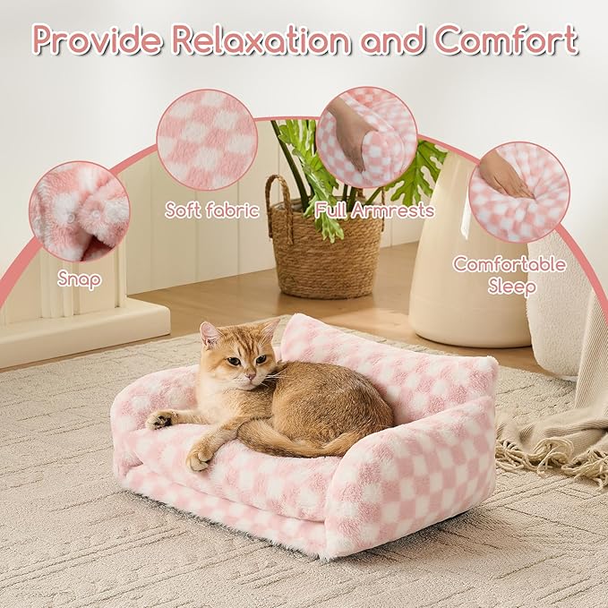 Hollypet Cat Bed Fluffy Plush Mutifuctional Double-Layer Soft Pet Couch Orthopedic Sofa Nest Beds for Small Cats and Dogs, Pink and White (21x15x8 inch)