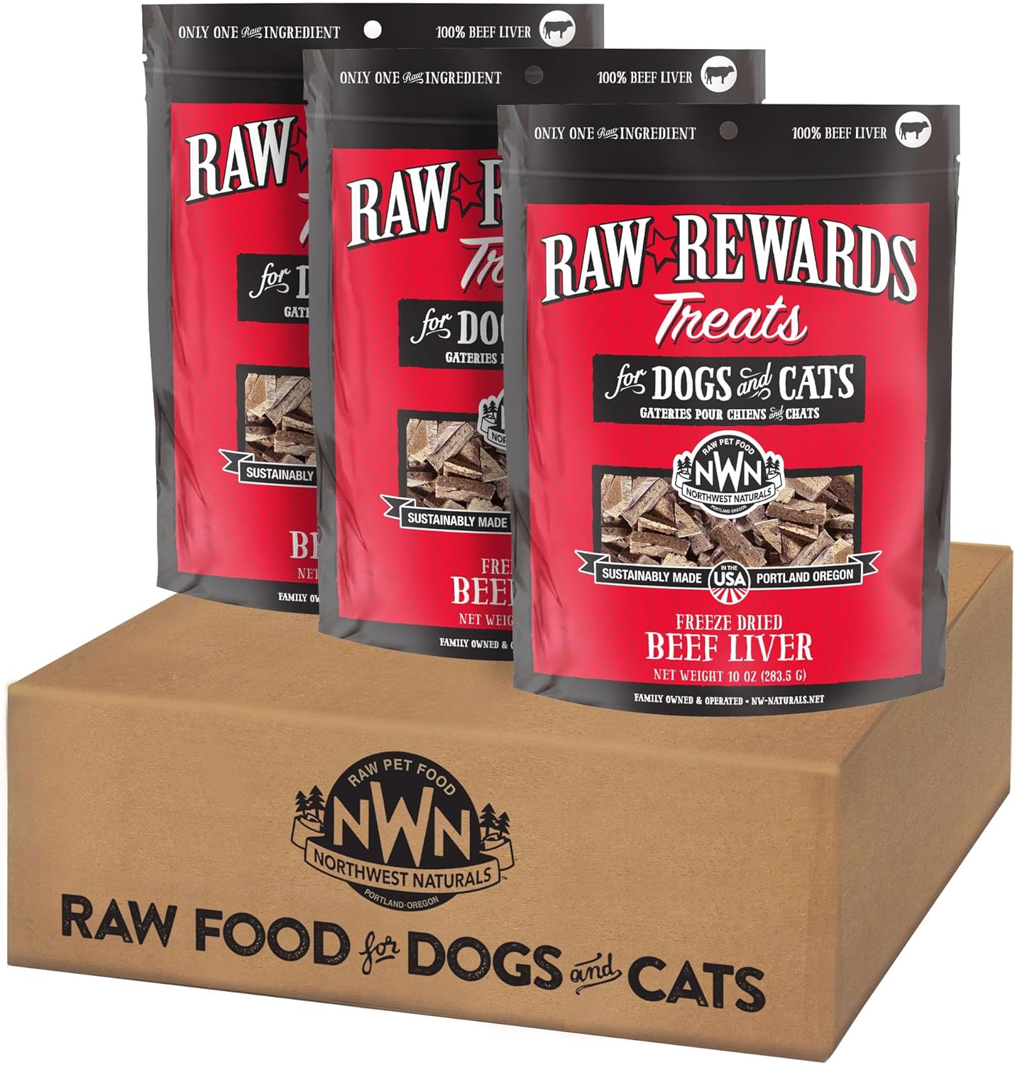 Northwest Naturals Raw Rewards Freeze-Dried Beef Liver Treats for Dogs and Cats - Bite-Sized Pieces - Healthy, 1 Ingredient, Human Grade Pet Food, All Natural, Proudly Made in USA, 10 Oz (Pack of 3)
