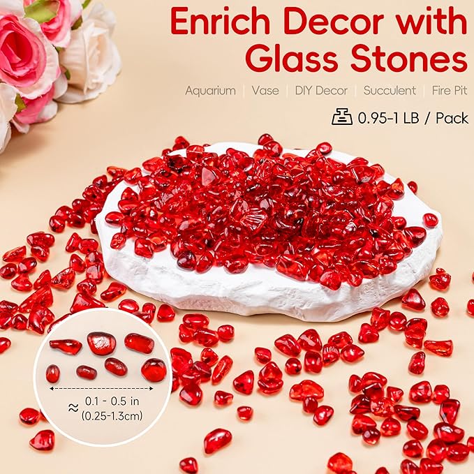 Meschett Colorful Glass Stones, 0.97 LB Fish Tank Gravel, Small Irregular Rainbow Aquarium Gravel for Aquarium Decorations and Turtle Tank, Sea Glass Beads Crystals for Fish Bowl, Vase Filler,Red