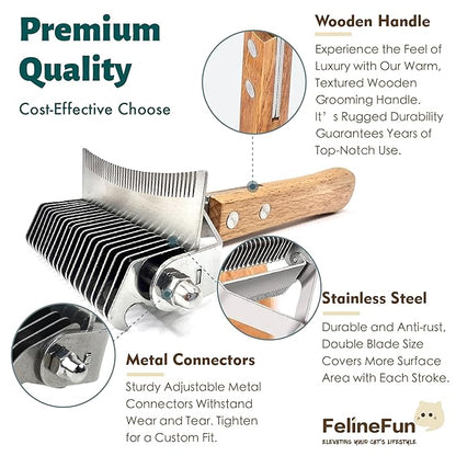 FelineFun Cat Brush for Dematting & Deshedding, 2 in 1 Undercoat Rake, Efficiently Remove Loose Hair & Matted Fur, Professional Shedding Comb for Indoor Cats & Long Haired Cats