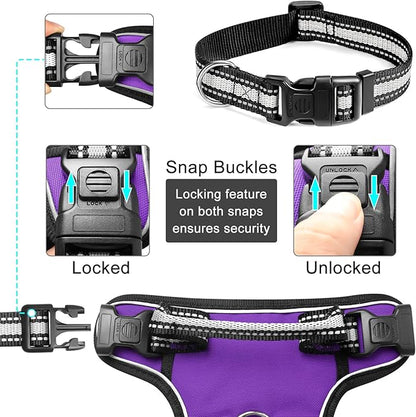 WINSEE Dog Harness No Pull, Pet Harnesses with Dog Collar, Adjustable Reflective Oxford Outdoor Vest, Front/Back Leash Clips for Small, Medium, Large, Extra Large Dogs, Easy Control Handle for Walking