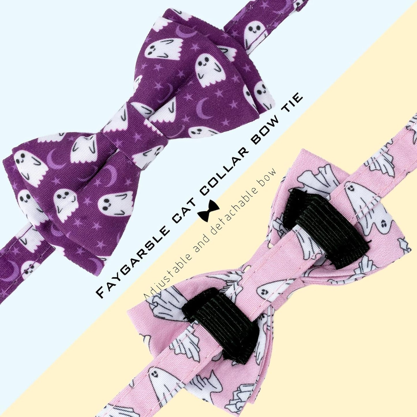 Faygarsle 2 Pack Halloween Ghost Pattern Cat Collar with Bow Tie and Bell, Breakaway Safety Buckle, Pink and Purple