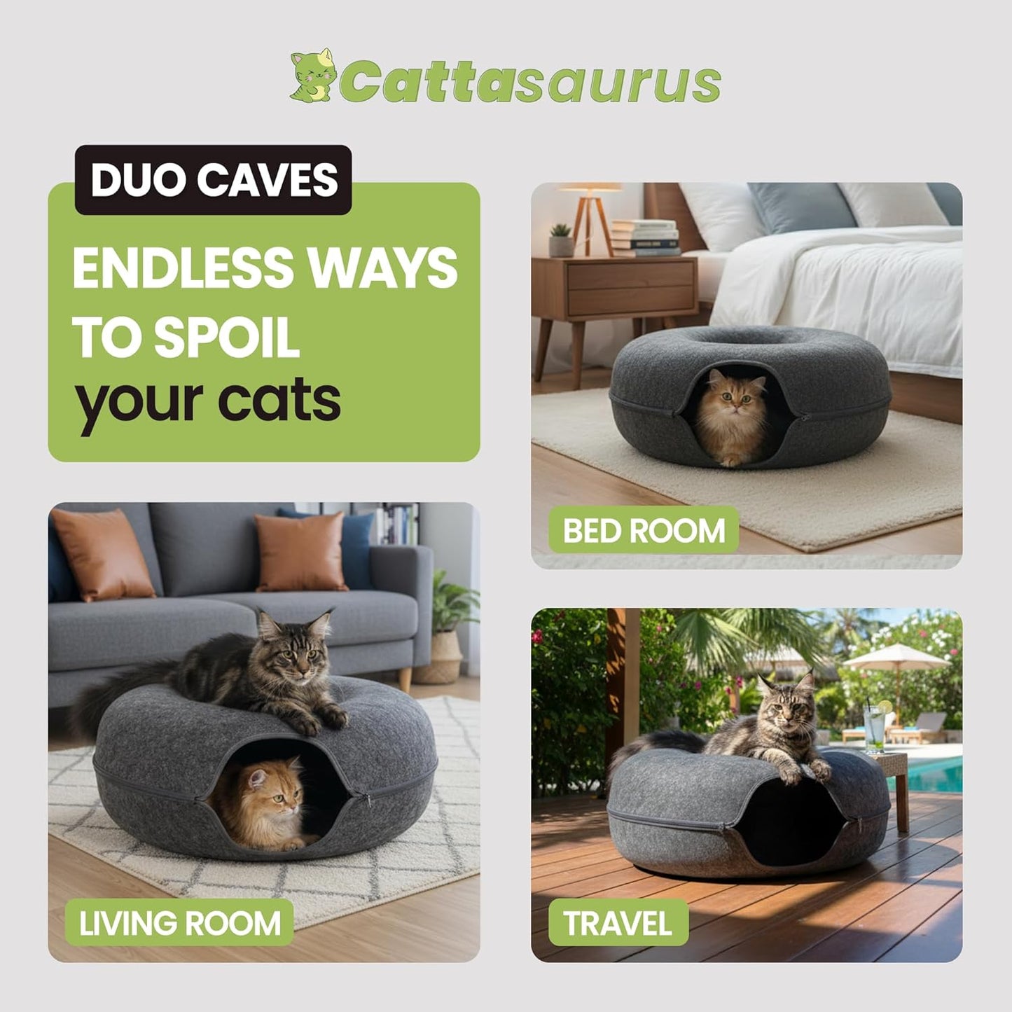 Cattasaurus Peekaboo Cat Cave, Extra Spacious for Multiple & Large Cats 12+ lbs, Scratch Detachable Beds for Indoor Cats, Washable Tunnel Bed, Comfy Cat Donut Tunnel (Dark Gray+Dark Gray, Jumbo)
