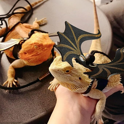 Bearded Dragon Leash and Harness Set,3 Size Adjustable Reptile Harness with Dinosaur Wings Safe Walking Accessories for Bearded Dragons,Lizards Small Reptiles Breathable and Escape Proof Design Black