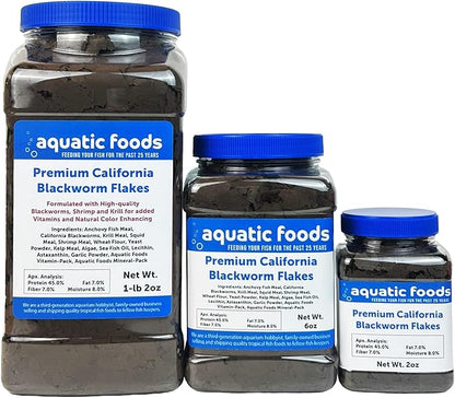 Aquatic Foods Inc. California Blackworm 45% Protein Premium Flakes for Discus, Cichlids, All Tropical Fish Also Pellet Mix, Wafer Mix Included…6oz