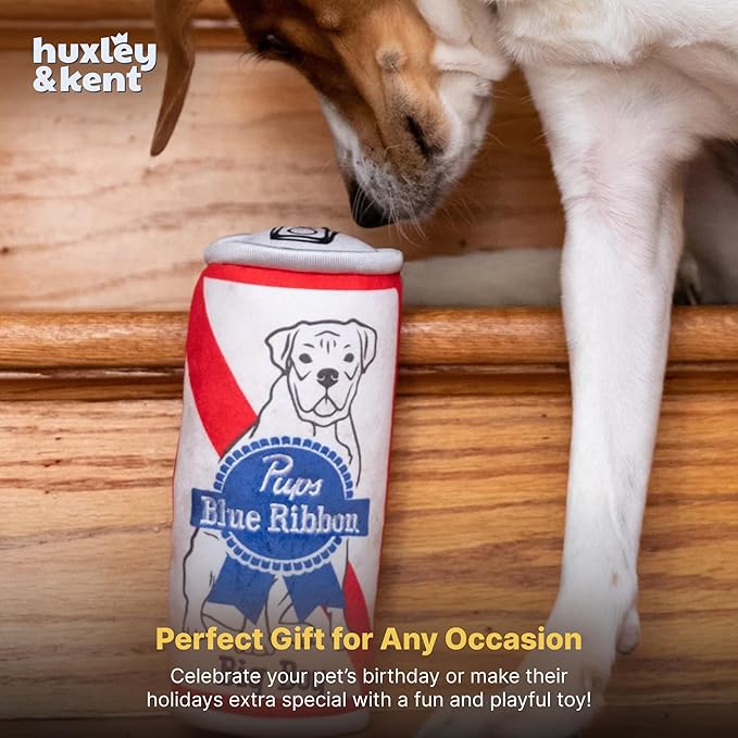 Huxley & Kent Funny Dog Toy w/Squeaker – Power Plush Squeaky Dog Toys for Small, Medium & Large Dogs – Soft Stuffed Animal for Indoor Play & Fetch - Pups Blue Ribbon, Large