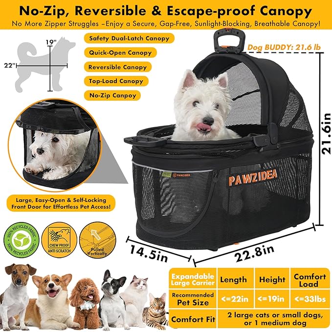 PAWZIDEA Pet Stroller 4 in 1, Cat Strollers with Detachable Carrier No-Zip Canopy, Portable Dog Crate for Car Seat Travel, Foldable & Lightweight Jogger for Small/Medium Dogs and Cats, Storage Basket