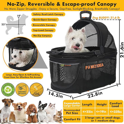 PAWZIDEA Pet Stroller 4 in 1, Cat Strollers with Detachable Carrier No-Zip Canopy, Portable Dog Crate for Car Seat Travel, Foldable & Lightweight Jogger for Small/Medium Dogs and Cats, Storage Basket