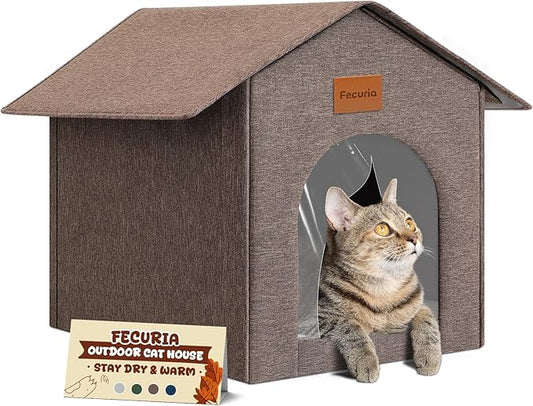 Outdoor Cat House Weatherproof, Insulated Cat Houses for Outdoor/Indoor Cats for Winter, Waterproof Feral Stray Cat Shelter with Warm Cushion and Door Curtain, Easy to Assemble, Brown
