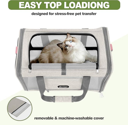 Cat Carrier American Airline Approved 18x11x11, Top Opening Sturdy Soft Pet Carrying Bag See Through, Mini Dog Hard Bottom Crate Kennel Case, 4-Side-Ventilation Mesh Cage Toy Poodle Biege
