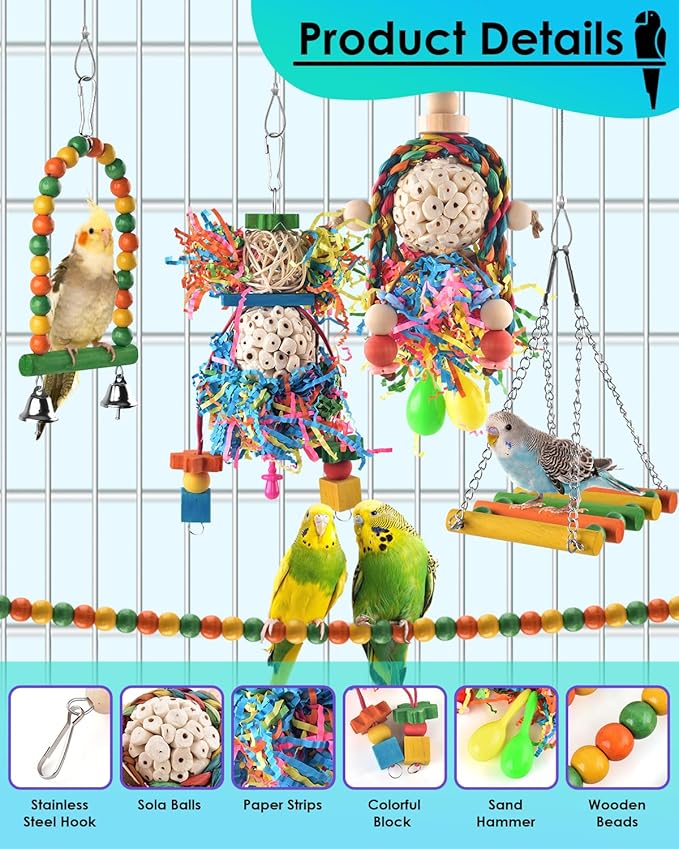Bissap Conure Toys, 5 PCS Parrot Foraging Shredder Hanging Toys Sola Balls with Sand Hammer Perch Swing Climbing Ladder for Small Parrots Parakeets Conures Cockatiels Love Birds Cage Toy