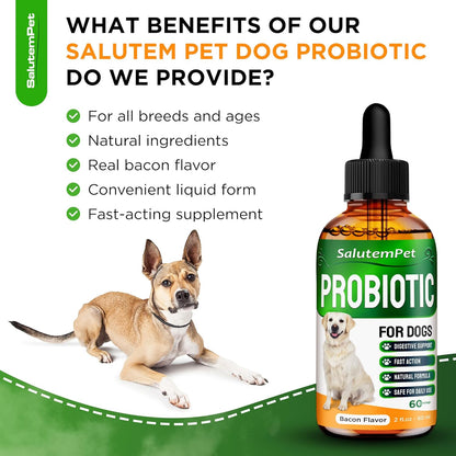 Probiotics for Dogs | Liquid Probiotics for Dogs and Puppies | Prebiotic & Digestive Enzymes | Gut Flora Support and Digestive Care | Bacon Taste | 2 Oz