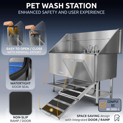 KANIS Professional Dog Washing Station - 304 Stainless Steel Pet Wash Sink & Grooming Bathtub w/Shower, Floor Grates and Storage for Large, Medium & Small Pets (61", Shelf - Right Ramp)