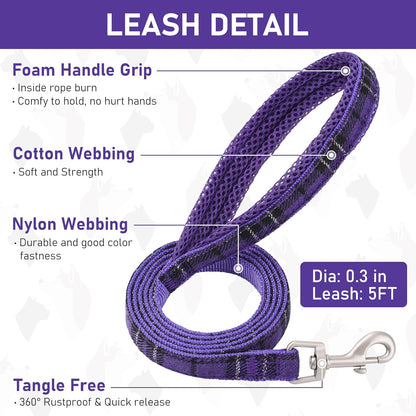 GAMUDA Small Dog Harness Collar and Leash Set, Step in No Chock No Pull Soft Mesh Adjustable Dog Vest Harnesses Plaid Reflective for Dogs Puppy Cats Kitten Rabbit (Purple, M)