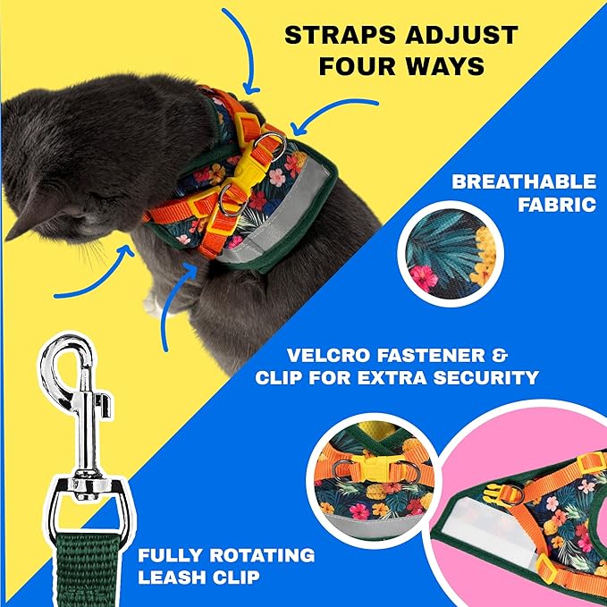 Travel Cat Harness and Leash Set - Adjustable Fit Mesh Cat Harness and Reflective Strap - Comfort Walking Vest for Kitten for Outdoor Walking, Hiking (Medium, Hawaiian)