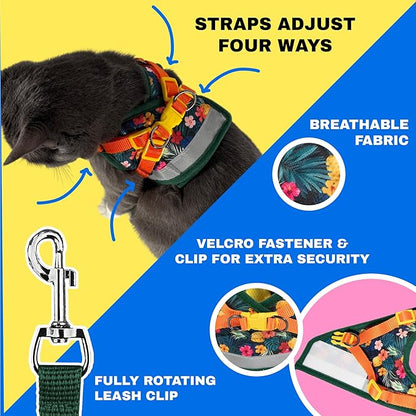 Travel Cat Harness and Leash Set - Adjustable Fit Mesh Cat Harness and Reflective Strap - Comfort Walking Vest for Kitten for Outdoor Walking, Hiking (Small, Hawaiian)
