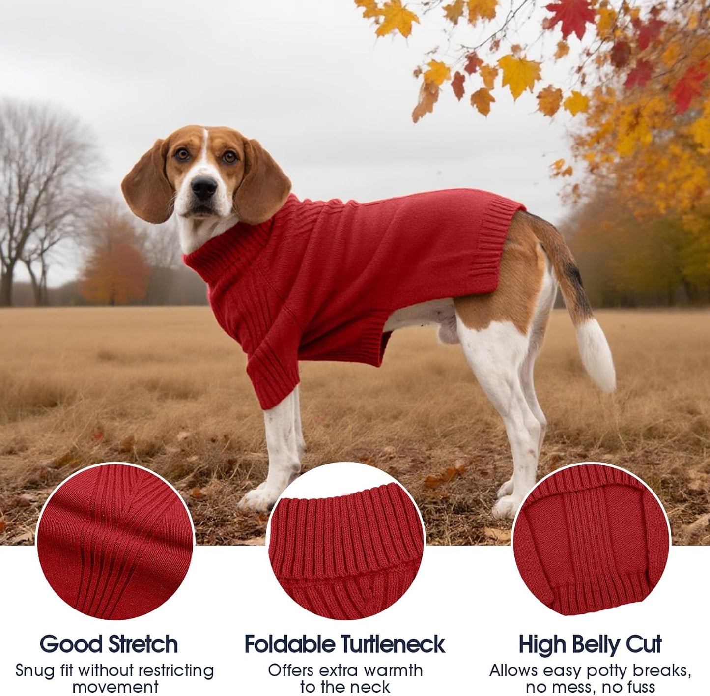 IECOii XXL Dog Sweater,Thermal Knit Big Dog Sweater Christmas,Pet Turtleneck Doggy Sweatshirt for Extra Large Dogs Boy Girl,Stretchy Large Dogs Cold Weather Outfit Pitbull Clothes,(Red,2XL)