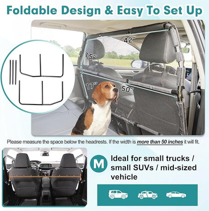 Dog Car Barrier Escape-Proof, 50" Wide Car Divider for 2nd 3rd Row Seats & Cargo Area, Durable Back Seat Car Gate Trunk Barrier with See Through Net Mesh for Small Trucks & SUV & Mid-Sized Vehicle
