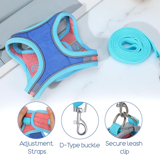Adjustable Bunny Harness and Leash Set, Double Buckles Breathable Mesh Rabbit Vest with Reflective Strips, Escape Proof Small Pet Walking Training Gear for Rabbits, Kittens, Ferrets, Guinea Pigs (S)